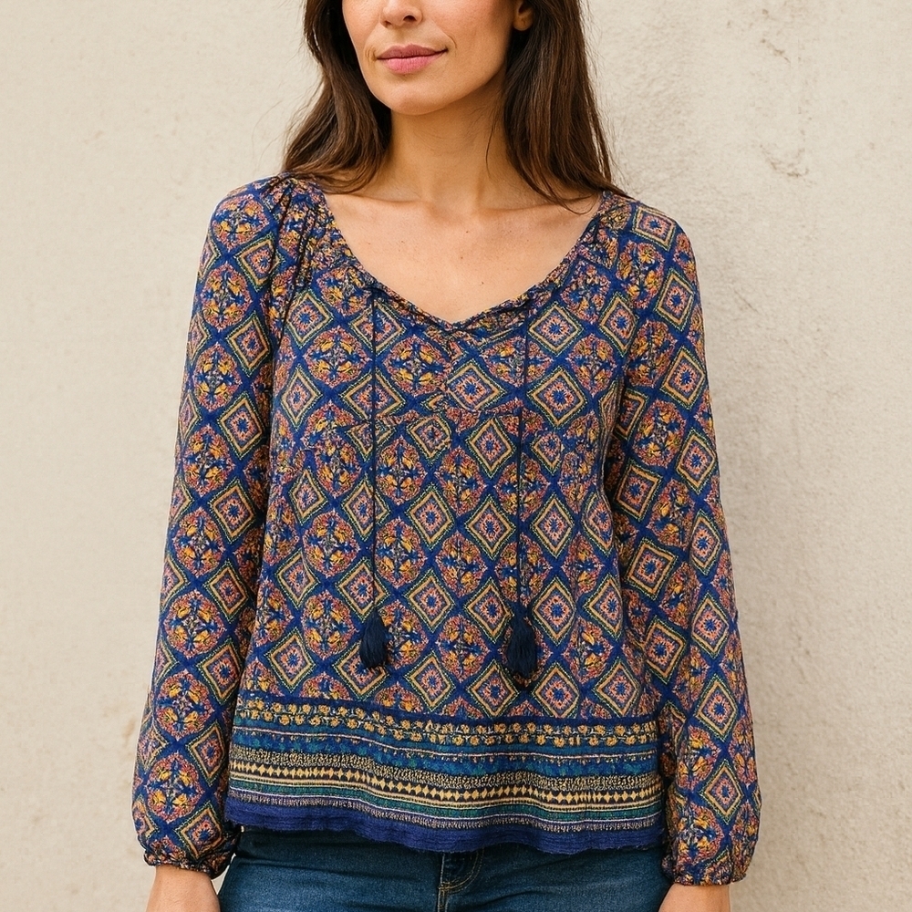 Old Navy Multicolour Geometric Boho Shirt With Tassels Flowy Lightweight Size Lg